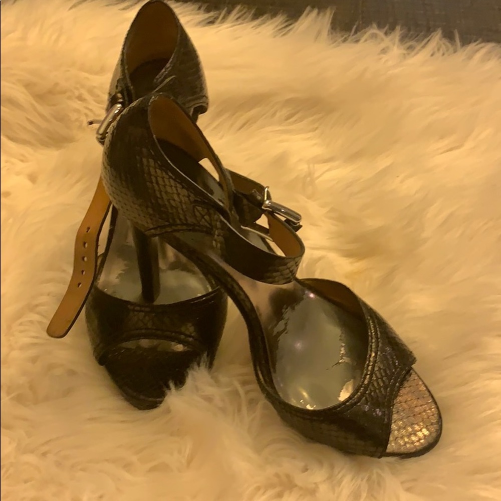 Coach Black Python-like leather heels with strap..